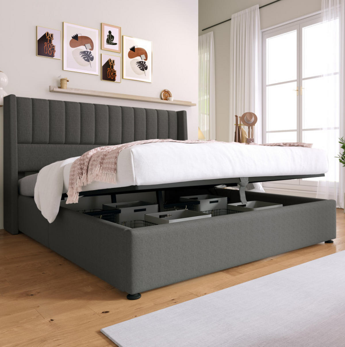 POLSTERBETT 180/200 cm Grau aus Leinen mit Stauraum und hydraulischem Lattenrost - Grau, Textil (180/200cm) - Flora Grace