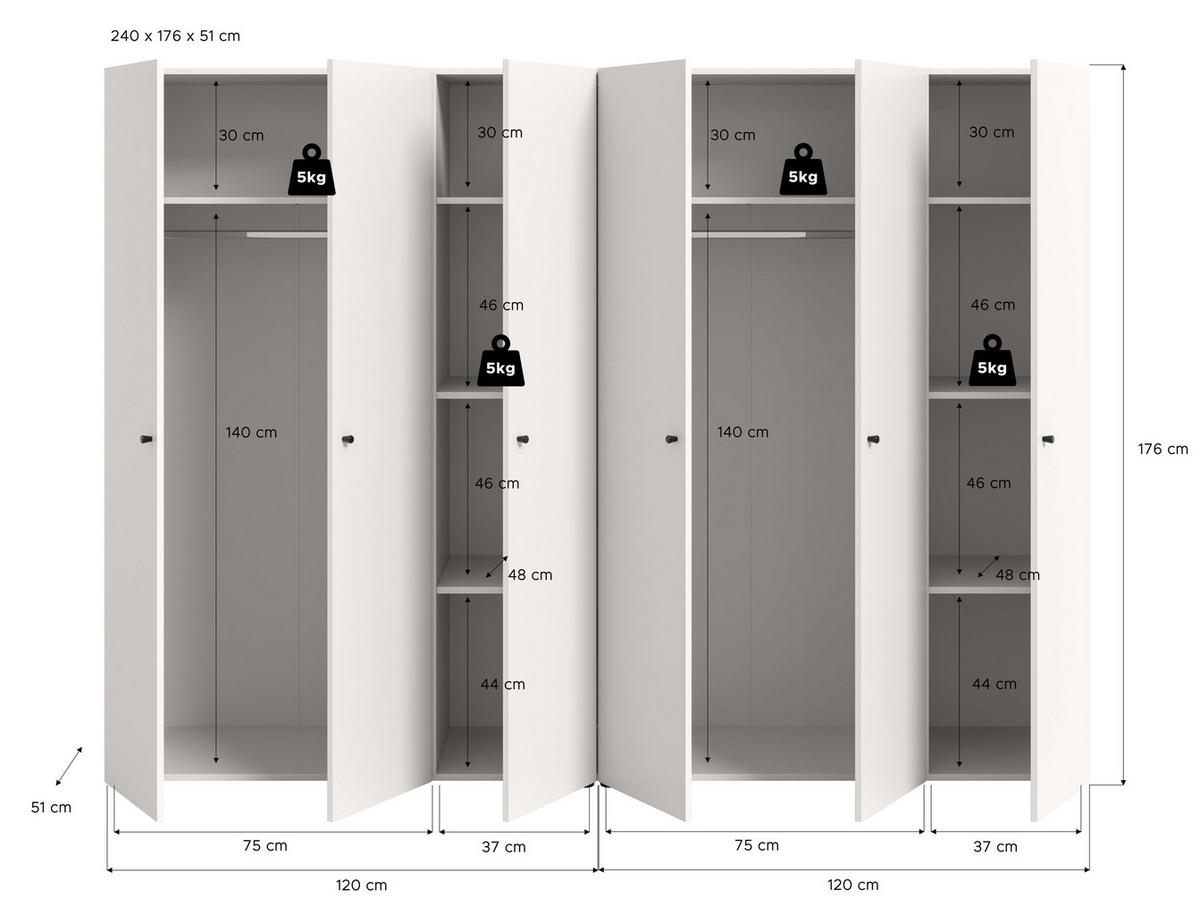 KLEIDERSCHRANKKOMBINATION DARWIN (B/H/T: ca. 240/176/51 cm) in Weiß/weiß - Weiß, Holzwerkstoff (240/176/51cm)