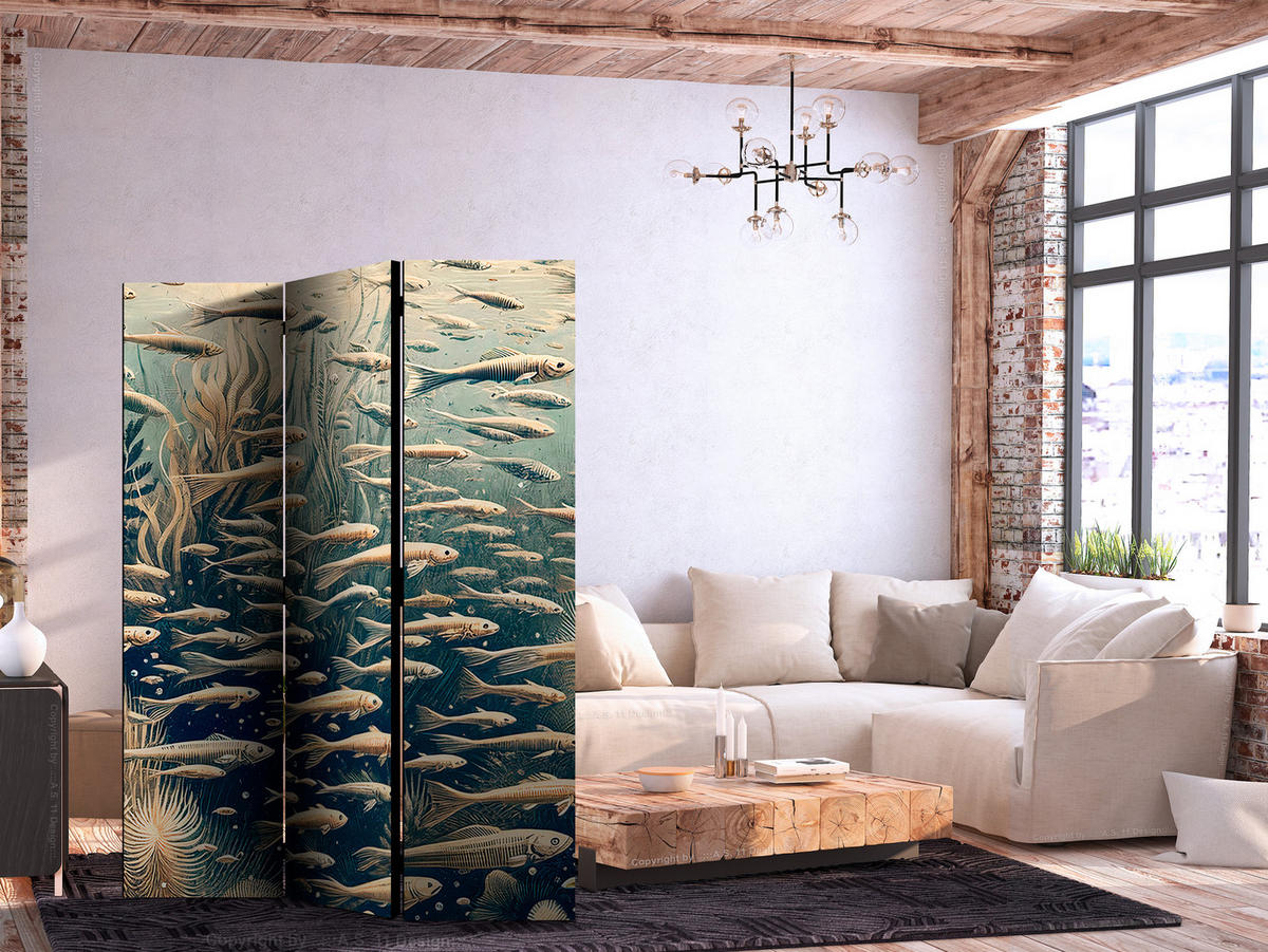 PARAVENT Einseitig Bedruckter 3-tlg 135x172 cm Fische Im Ozean Boho - Beige, Holz/Textil (135/172/3cm) - Muralo