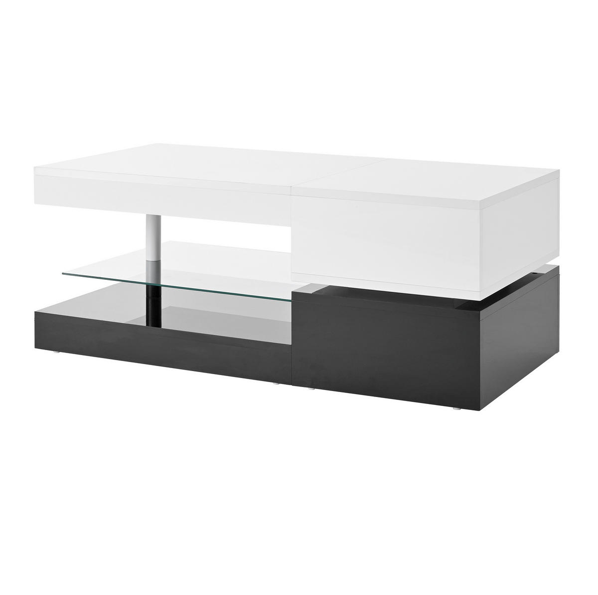 COUCHTISCH 90/45/35,5 cm mit LED-Beleuchtung, Glasablage & Hochglanz in Schwarz/Weiß - Weiß, Holzwerkstoff (90/45/35.5cm) - Flora Grace