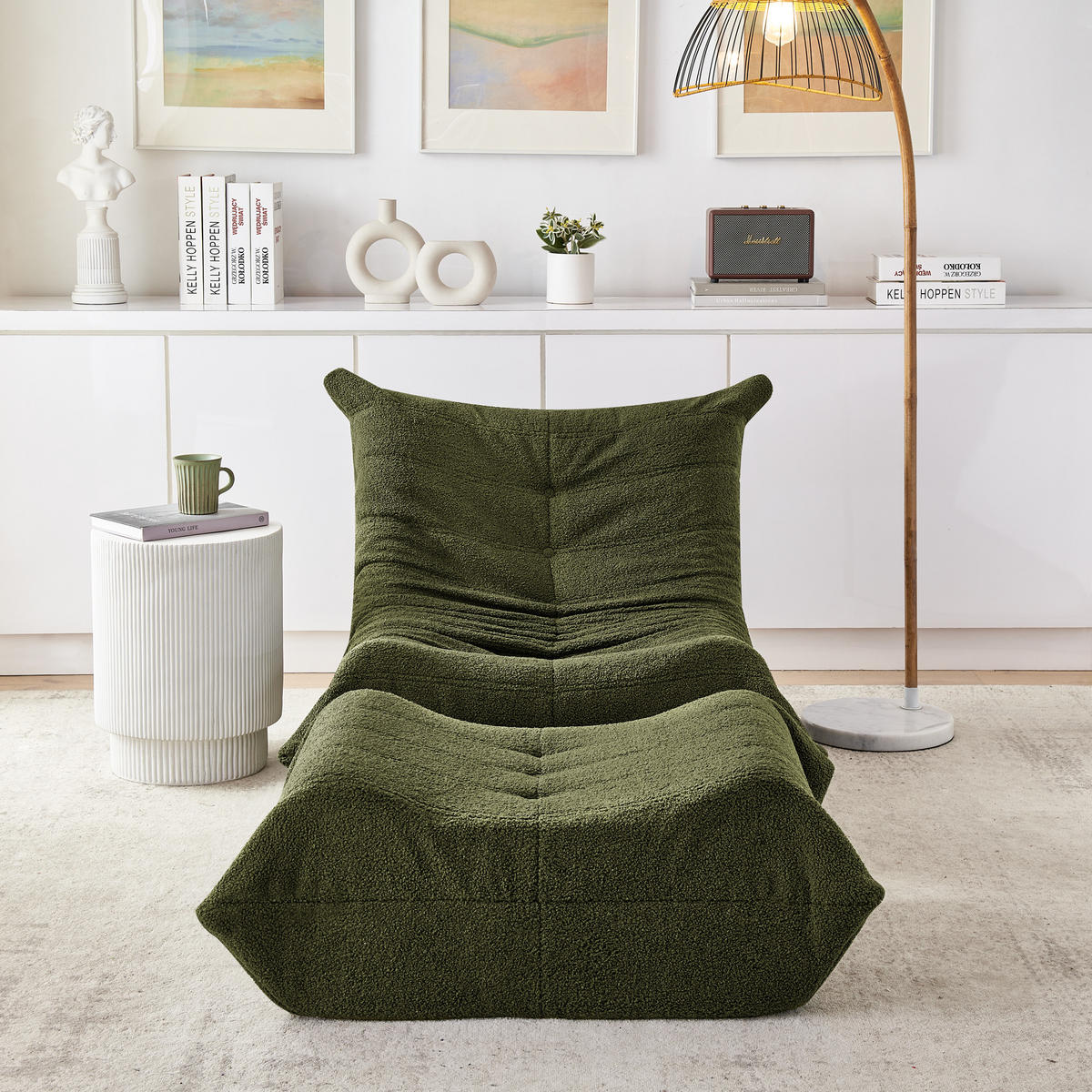 SITZSACK Teddystoff Grün mit Hocker - Grün, Textil (100/70/90cm) - WISHDOR