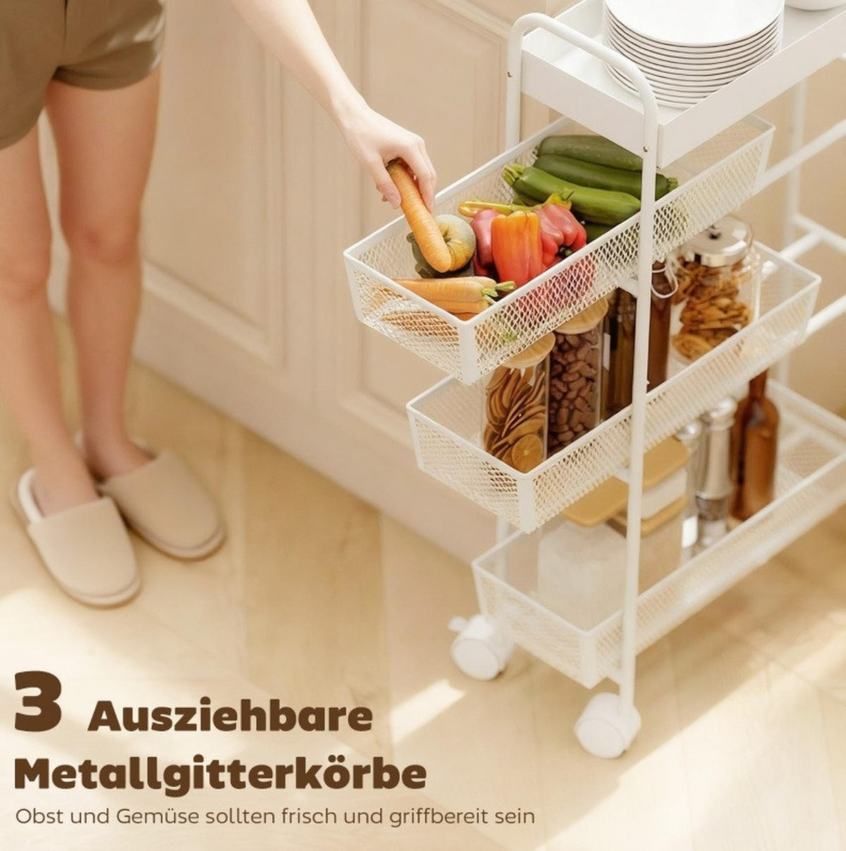 KÜCHENWAGEN mit 3 Körben 43,2 x 19 x 80 cm Metall Weiß - Weiß, Metall (19/80/43.2cm) - Beauniv
