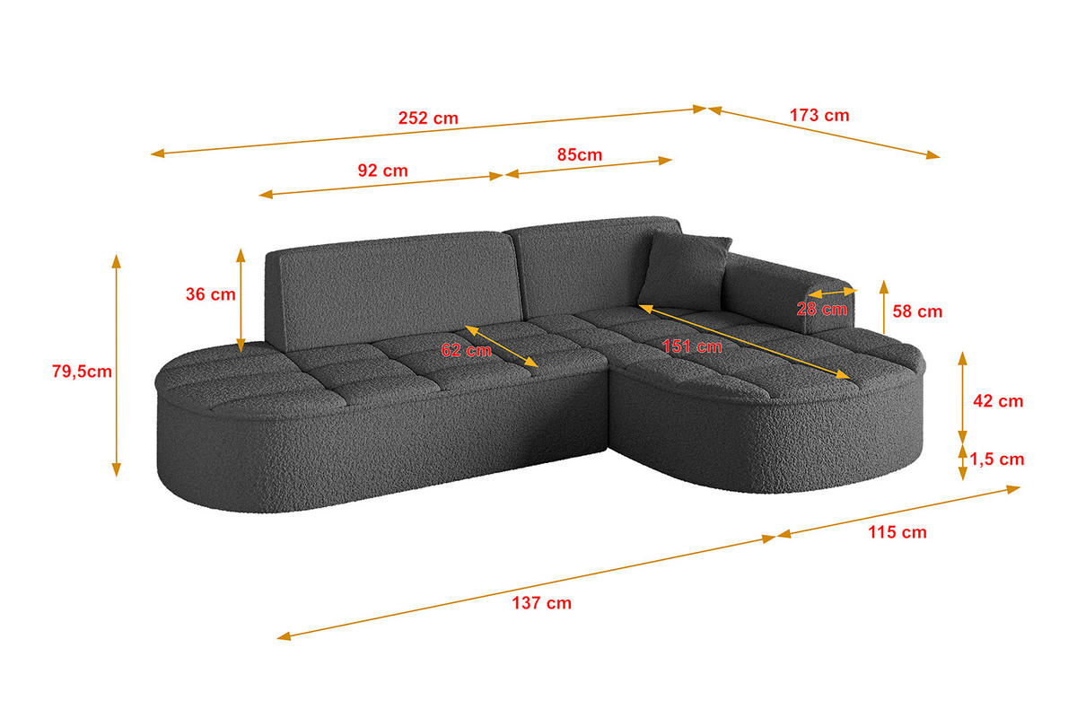 ECKSOFA Ottomane Rechts LIVO-L1 - 252x173x79,5 cm Grau - Grau, Holzwerkstoff/Textil (252/173cm) - ALTDECOR