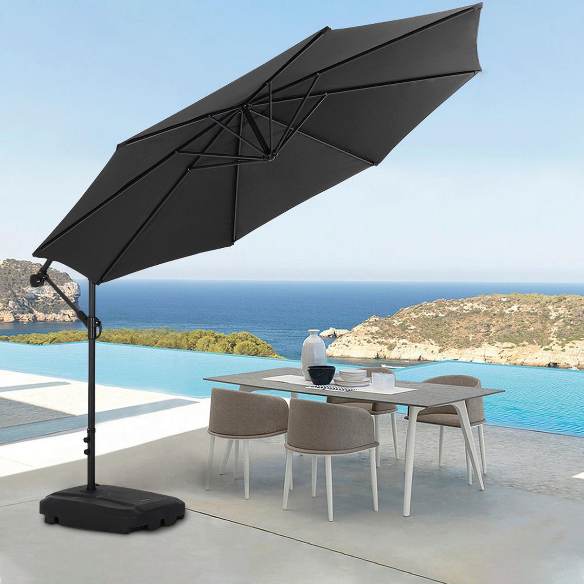 AMPELSCHIRM mit befüllbarer Kunststoff-Sockel mit dem Rollen aus Polyester Metall in Schwarz drehbar 360° neigbar 60° 3 x 2.6m - Schwarz, Metall (300/240cm) - Livingandhome