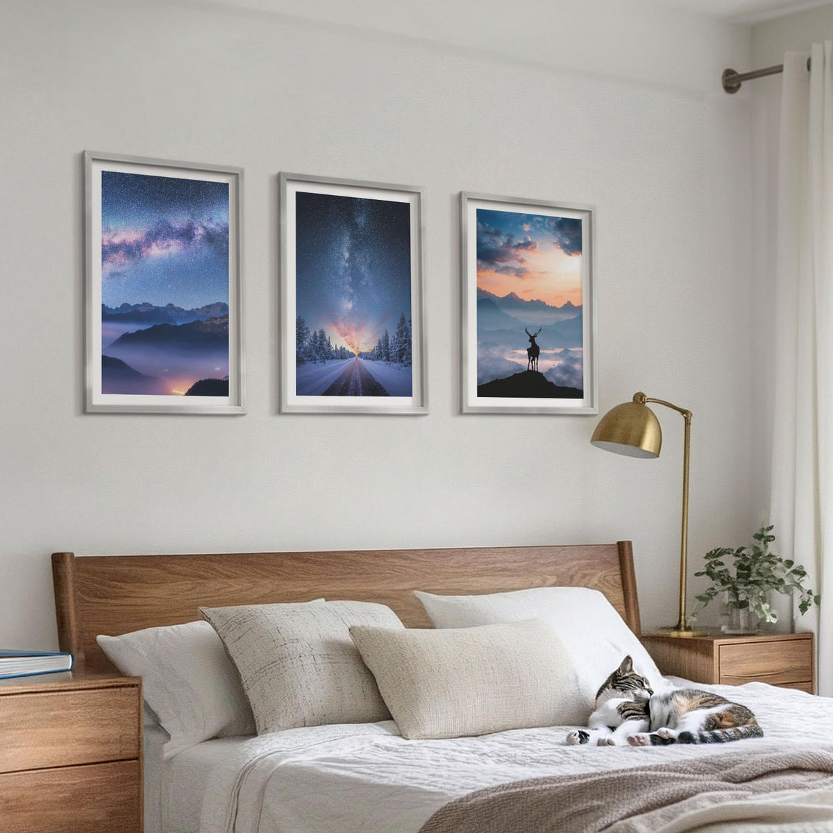 BILDER SET 3er Set - 40x60 cm Silberner Rahmen - Nachthimmel Berge Nebel Hirsch - Silberfarben, Kunststoff (40/60cm) - TULUP