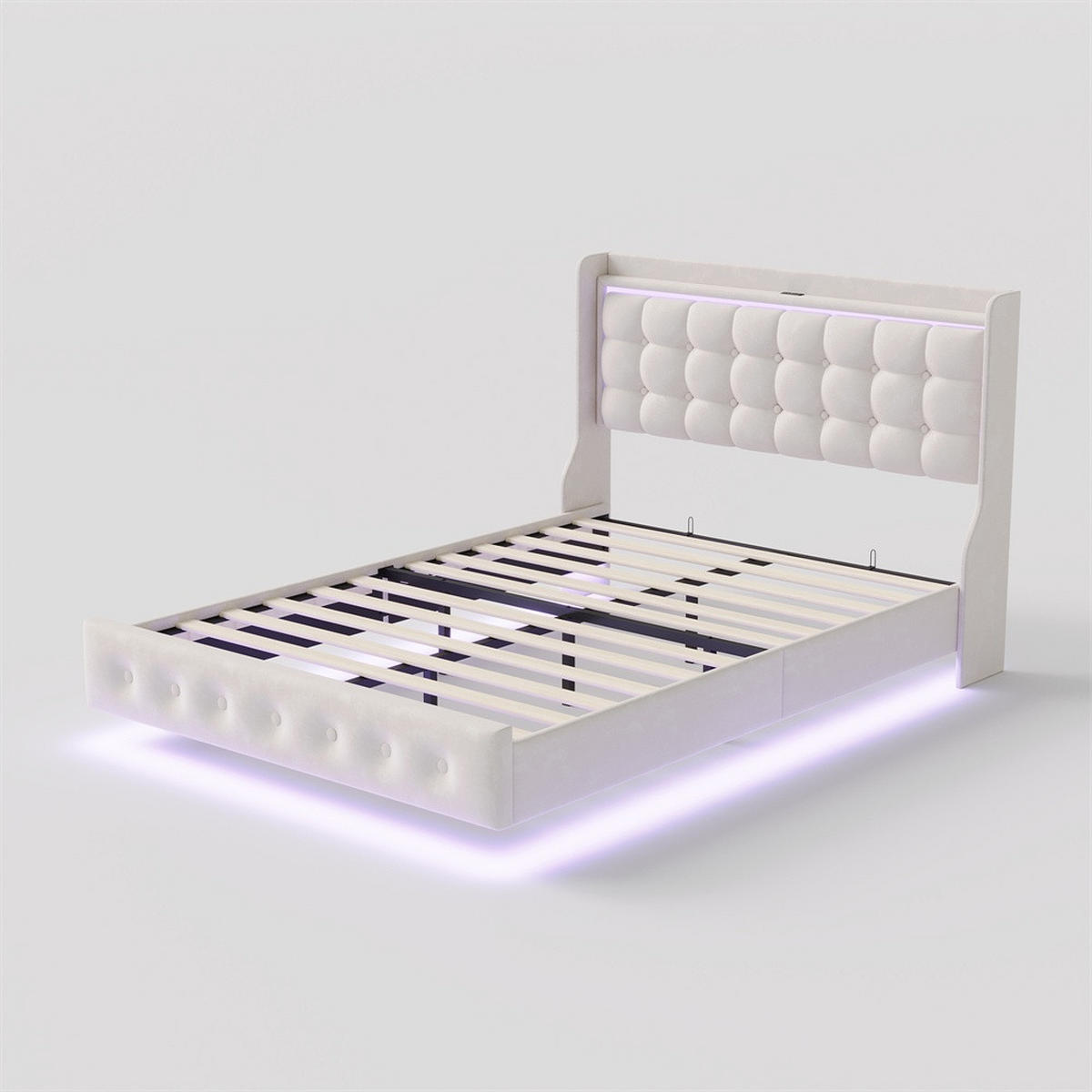 POLSTERBETT 140 x 200 cm - mit LED-Beleuchtung und USB-Ladestation - ohne Matratze - Weiß - Weiß, Textil (140/200cm) - DELFA