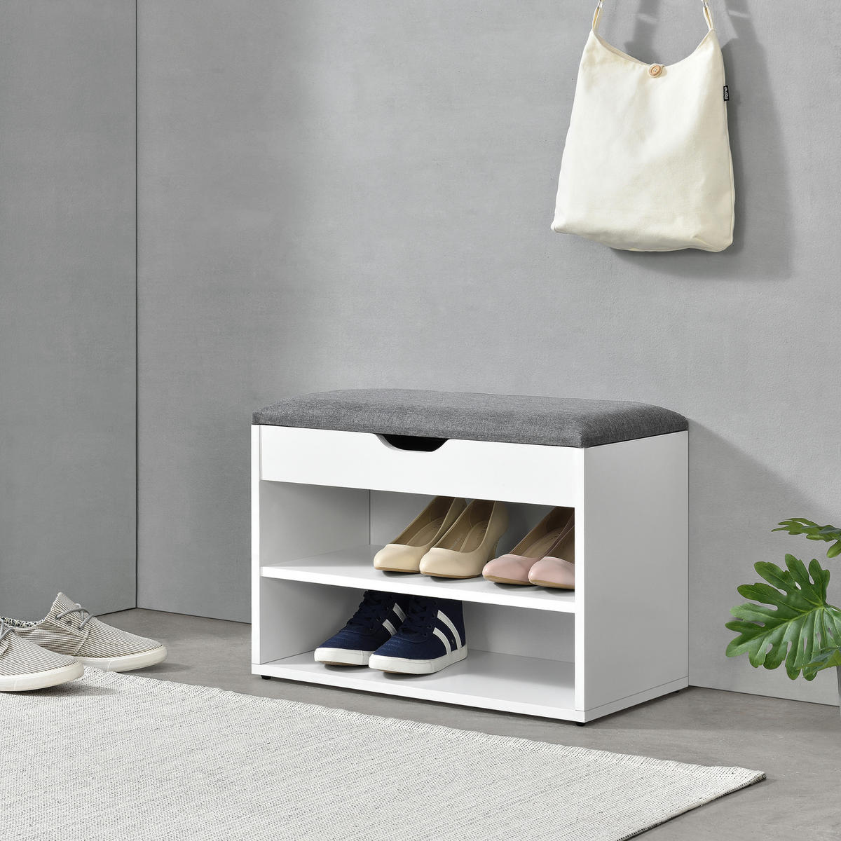 SCHUHBANK Gentofte - Weiß, Holzwerkstoff/Textil (60/46/30cm) - [en.casa]