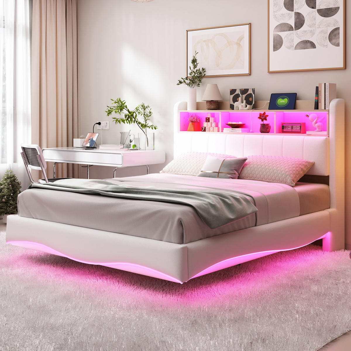 POLSTERBETT 140/200 cm Beige aus Stoff mit LED, USB und Typ-C - Beige, Textil (140/200cm) - OKWISH