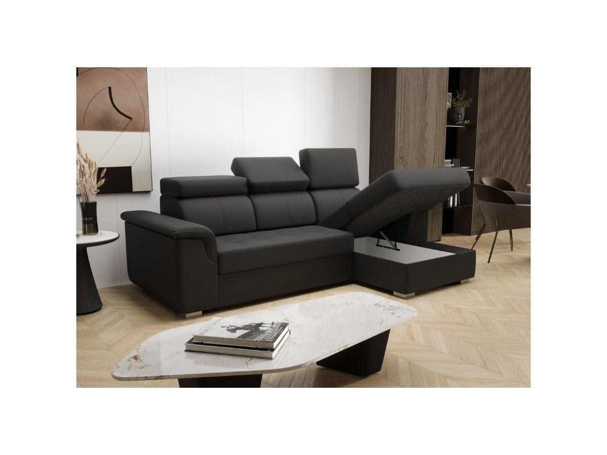 ECKSOFA KONGO RBN06, Eckcouch in L-Form mit Schlaffunktion, Farbe: Schwarz, Kunstleder, Ottomane Rechts - Schwarz, Textil (247/165cm) - O-Sofa