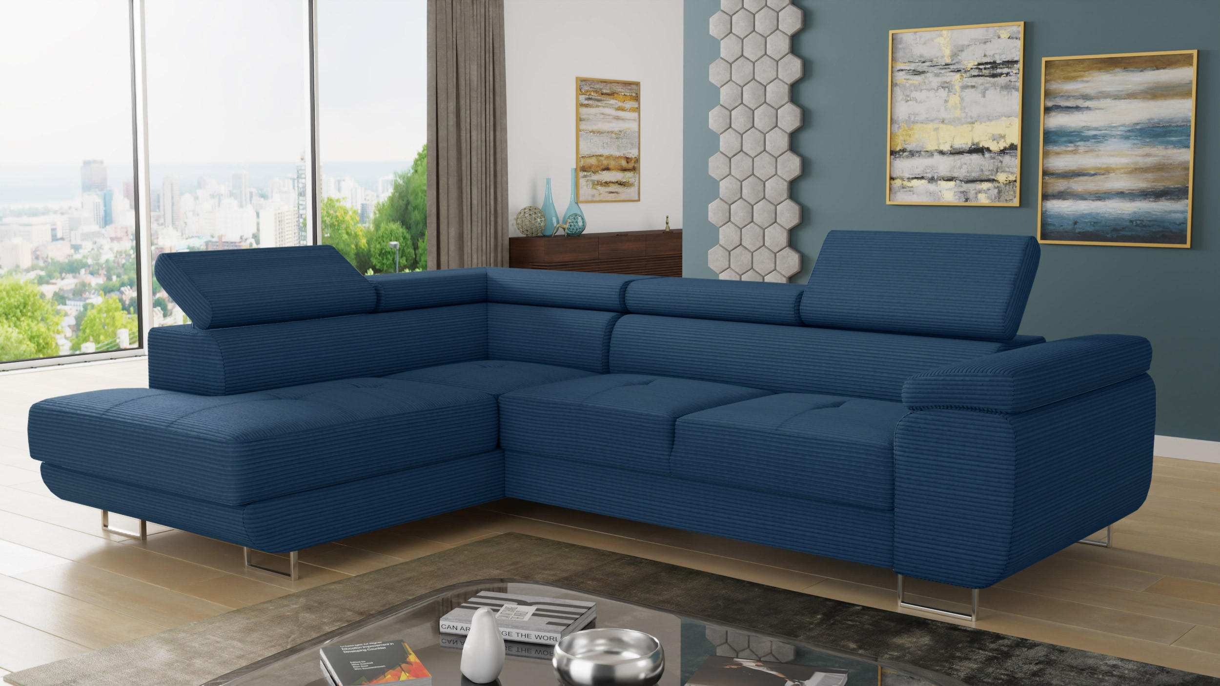 ECKSOFA Caris Cord, Seite: Links - Blau, Holz/Textil (273/203cm) - Sofnet