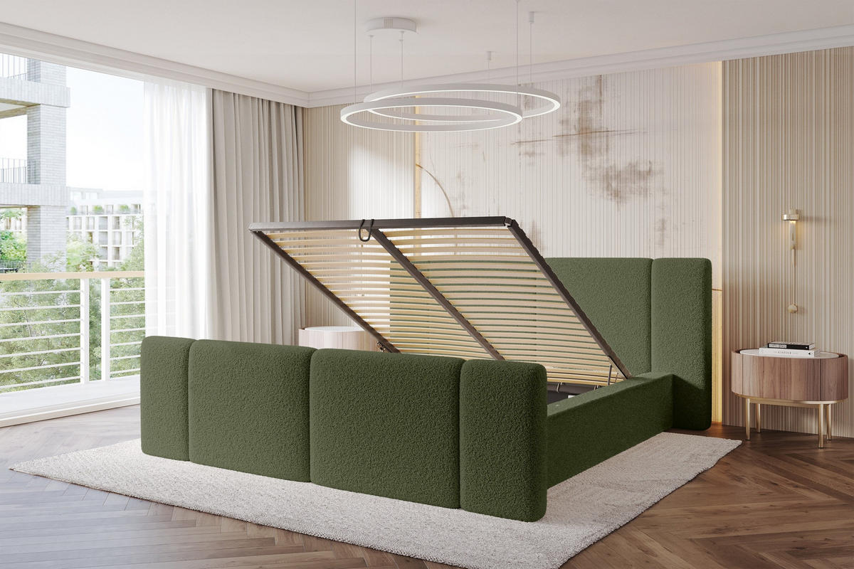 POLSTERBETT mit Bettkasten, Fußteil und Lattenrost, Bett mit Matratze H3/H4 - RIVO-Z 120x200 Grün - Olivgrün, Holzwerkstoff/Textil (120/200cm) - ALTDECOR