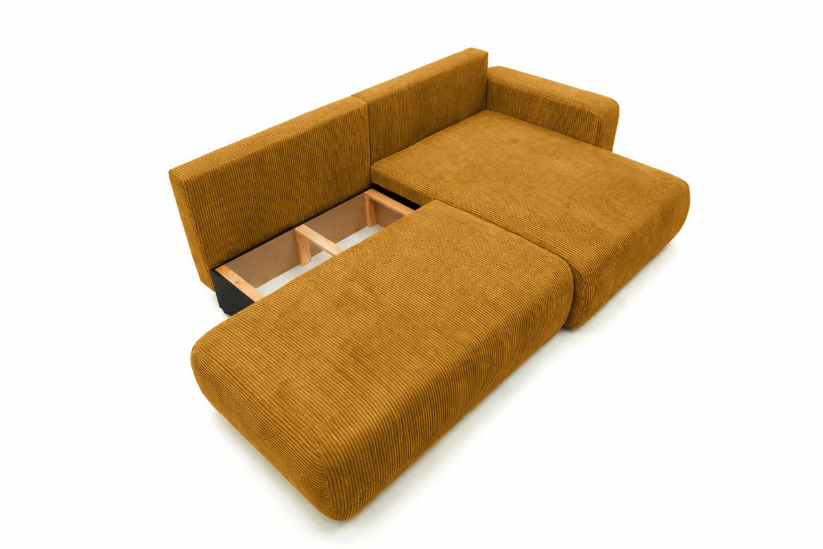 ECKSOFA Mit Schlaffunktion Und Bettkasten, Cordstoff Poso, Senffarbe, Rechts, OPEN XL - Gelb, Holz (262/145cm) - Kaiser Möbel