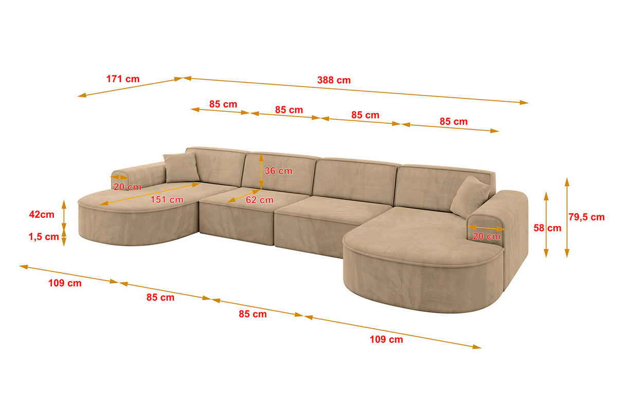 WOHNLANDSCHAFT MARI-U2 - 388x171x79 cm Taupe Velours - Taupe/Schwarz, Holzwerkstoff/Kunststoff (388/79/171cm) - ALTDECOR