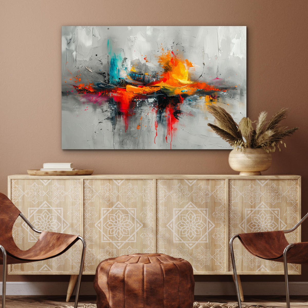 METALLBILD Moderne Kunst - Orange - Grau - Abstrakt 120x80 cm - Hellgrau, Metall (120/80cm) - MuchoWow