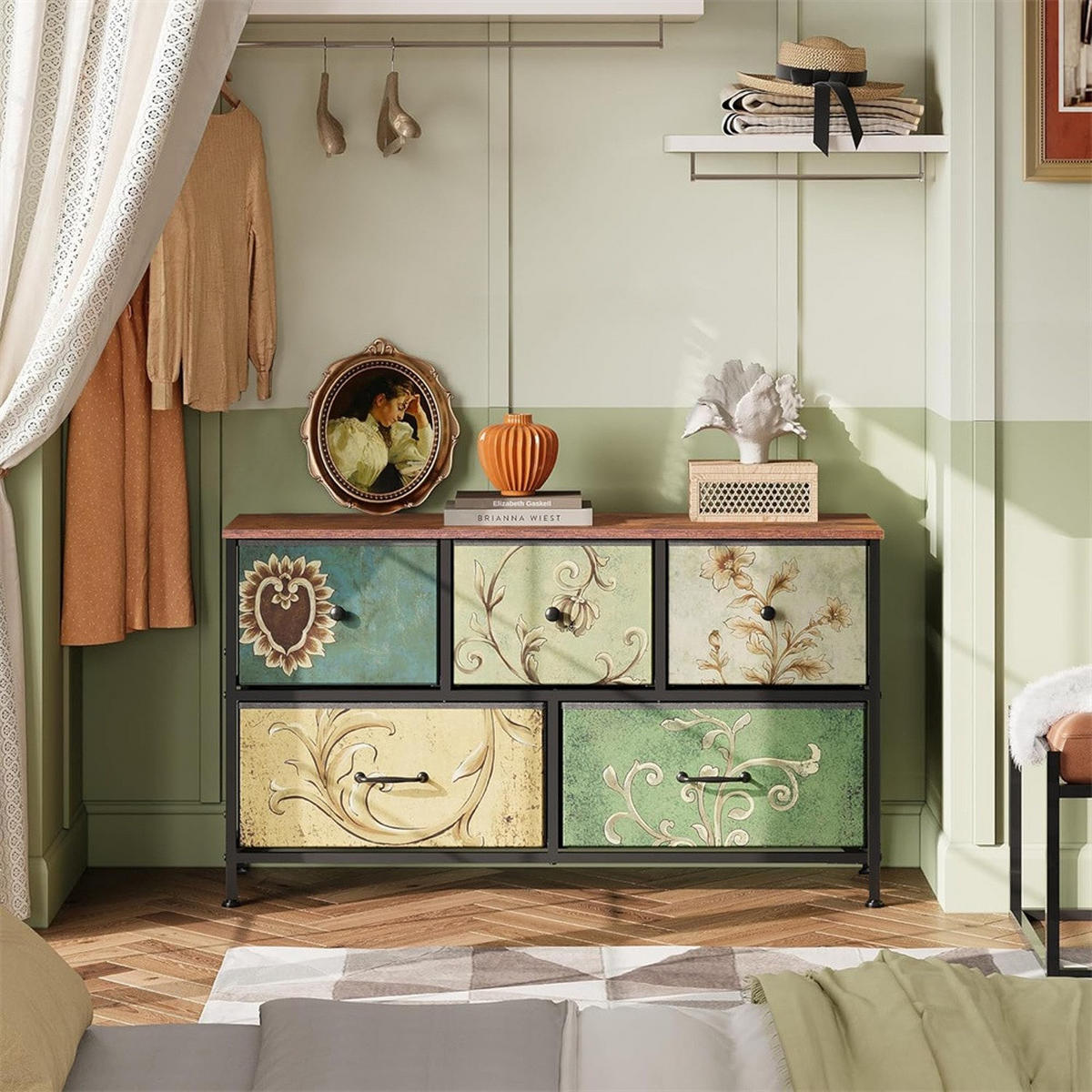 KOMMODE mit 5 Schubladen - bunte Vintage-Muster und Schwarzer Griff - Mehrfarbig - Multicolor, Metall (100/55.2/30cm) - DELFA