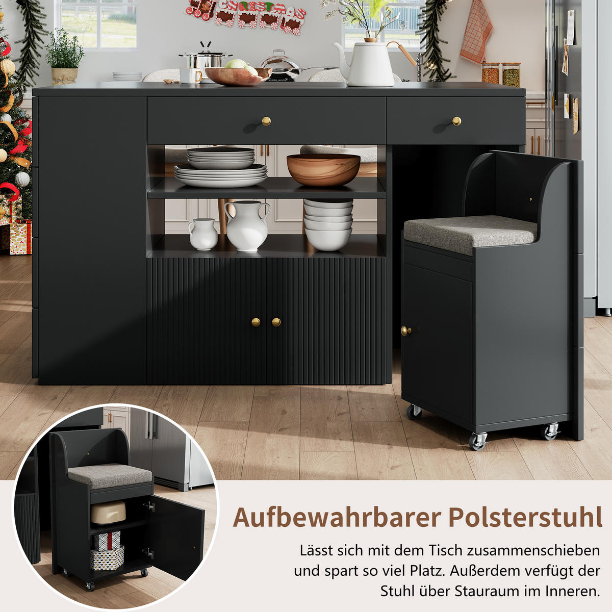 KÜCHENINSEL 140x70x89cm Schwarz mit 6 Schubladen, Hocker & Metallgriffen - Schwarz, Holzwerkstoff (140/89/70cm) - Modfu