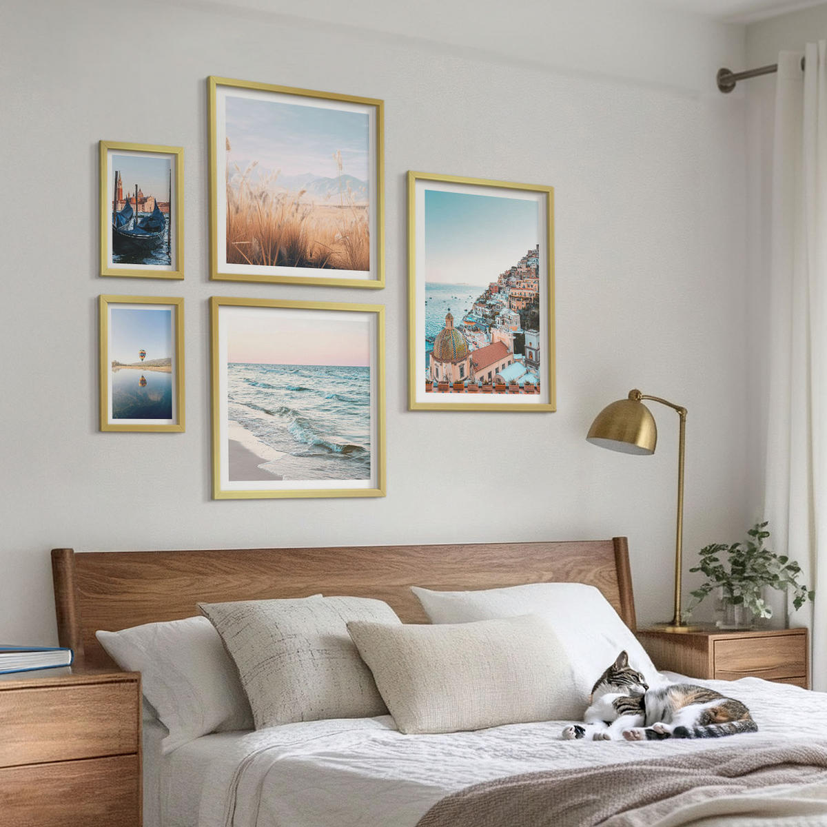 BILDER SET 5er Set - 50x50 cm & 20x30 cm & 40x60 cm Goldrahmen - Vögel im Flug, Himmel, Mond - Goldfarben, Kunststoff (40/60cm) - TULUP