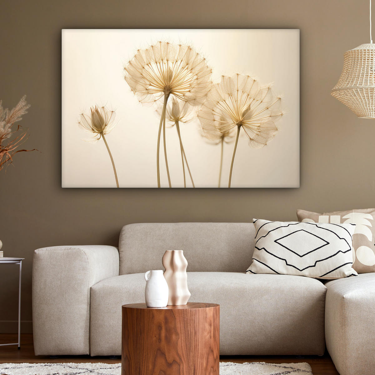 LEINWANDBILD Sonnenlicht - Löwenzahn - Botanisch - Blumen Wohnzimmer 120x80 cm - Creme, Textil (120/80cm) - MuchoWow