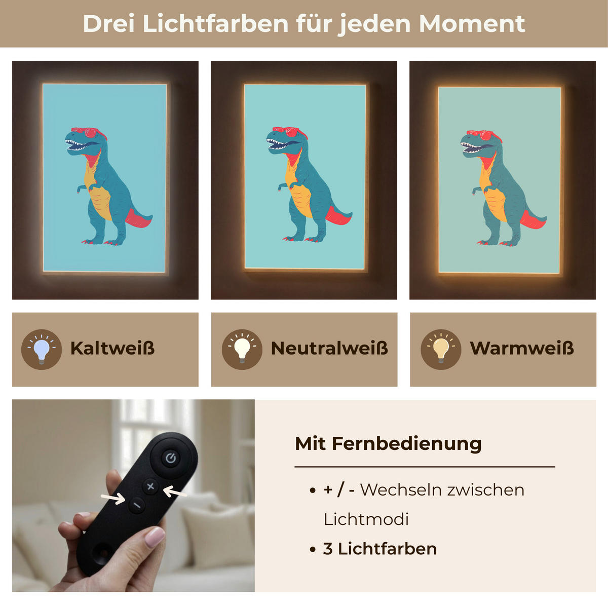 NÁSTĚNNÁ LAMPA S AKUMULÁTOREM Dinosaurus - Modrá - Sluneční brýle 60x90 cm - světle modrá, kompozitní dřevo (60/90/8cm) - OnlyWow
