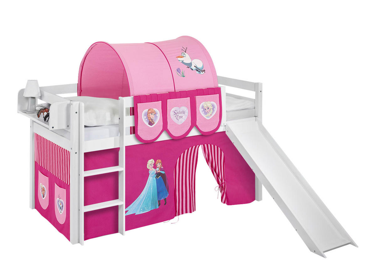 SPIELBETT JELLE Eiskönigin Rosa - Hochbett - mit Rutsche und Vorhang - Weiß, Holz - Lilokids