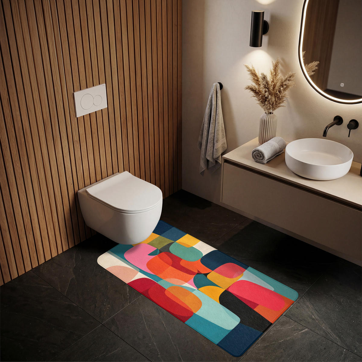 KOUPELNOVÁ PŘEDLOŽKA Tvary - barevné - abstraktní - letadla 60x120 cm - různobarevná, textil/plast (60/120cm) - OnlyWow