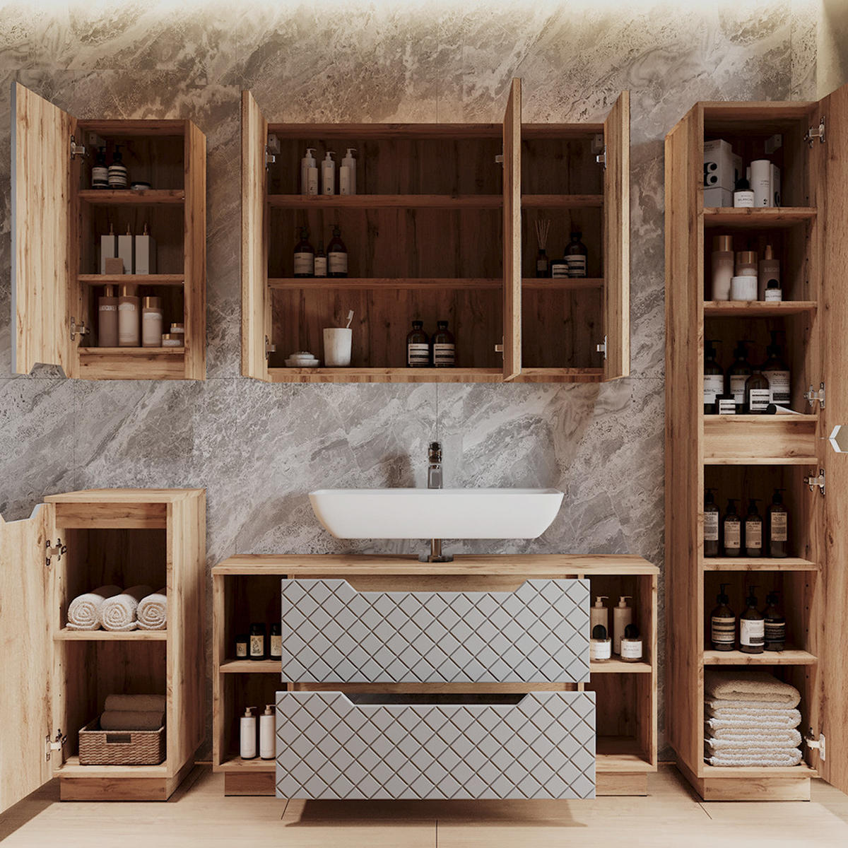 KOUPELNOVÝ NÁBYTEK Lotta Dub/šedá se strukturou dlaždic - šedá/barva dubu, kompozitní dřevo (119.2/62.5/35cm) - Vicco