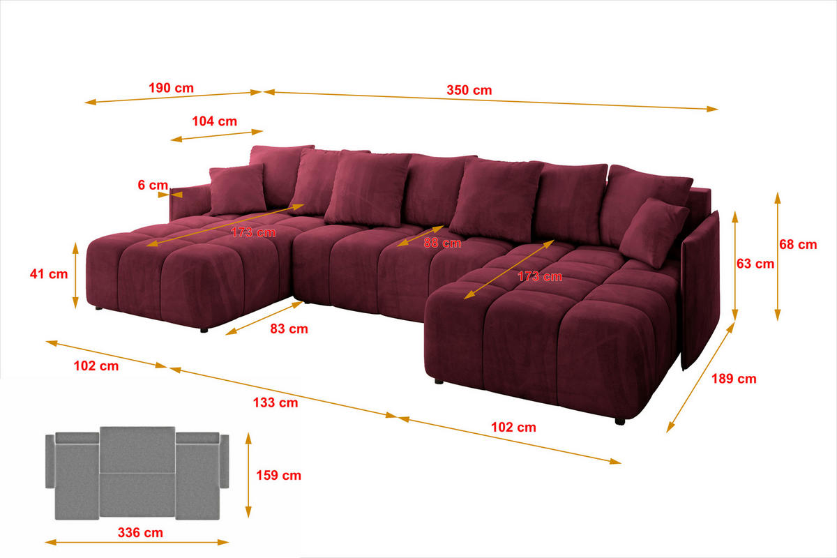 WOHNLANDSCHAFT LONLI-U 355x189x68 Bordeaux Velours - Bordeaux, Holzwerkstoff/Kunststoff (350/68/190cm) - ALTDECOR