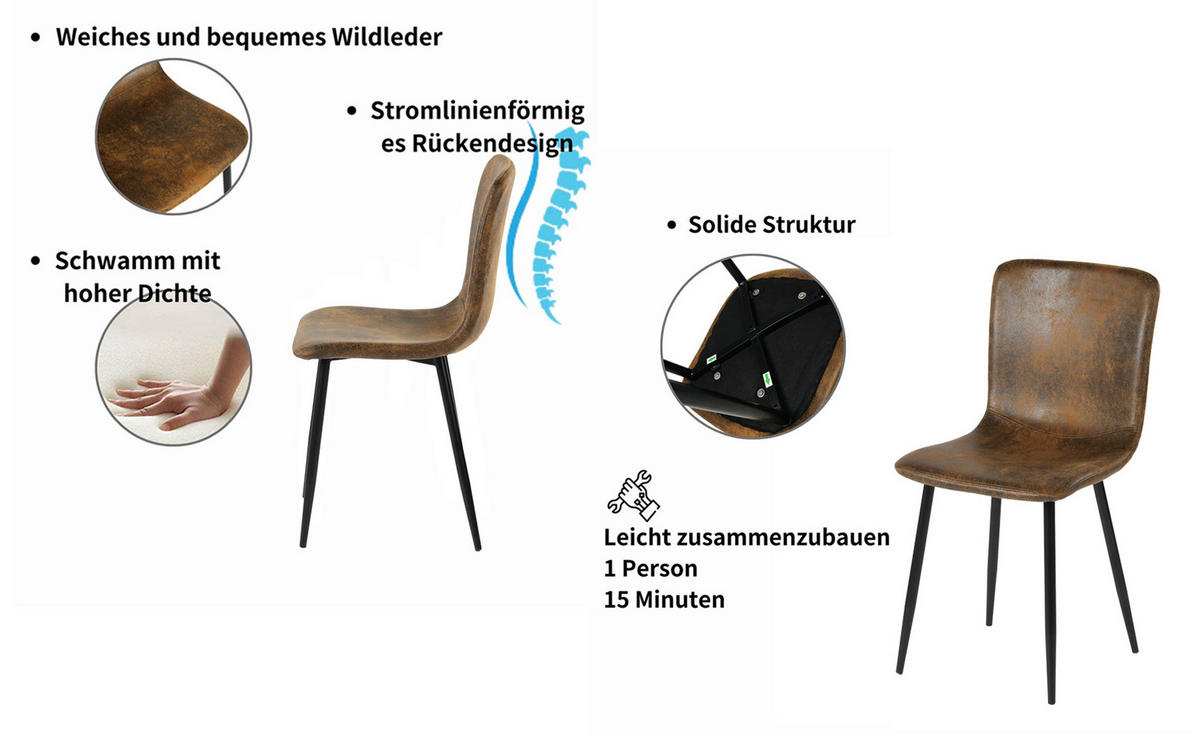 ESSTISCH SET Marmoroptik Weiß mit 4 Stühlen Wildlederoptik Braun - Braun, Holzwerkstoff (117/75/68cm) - Urban Meuble
