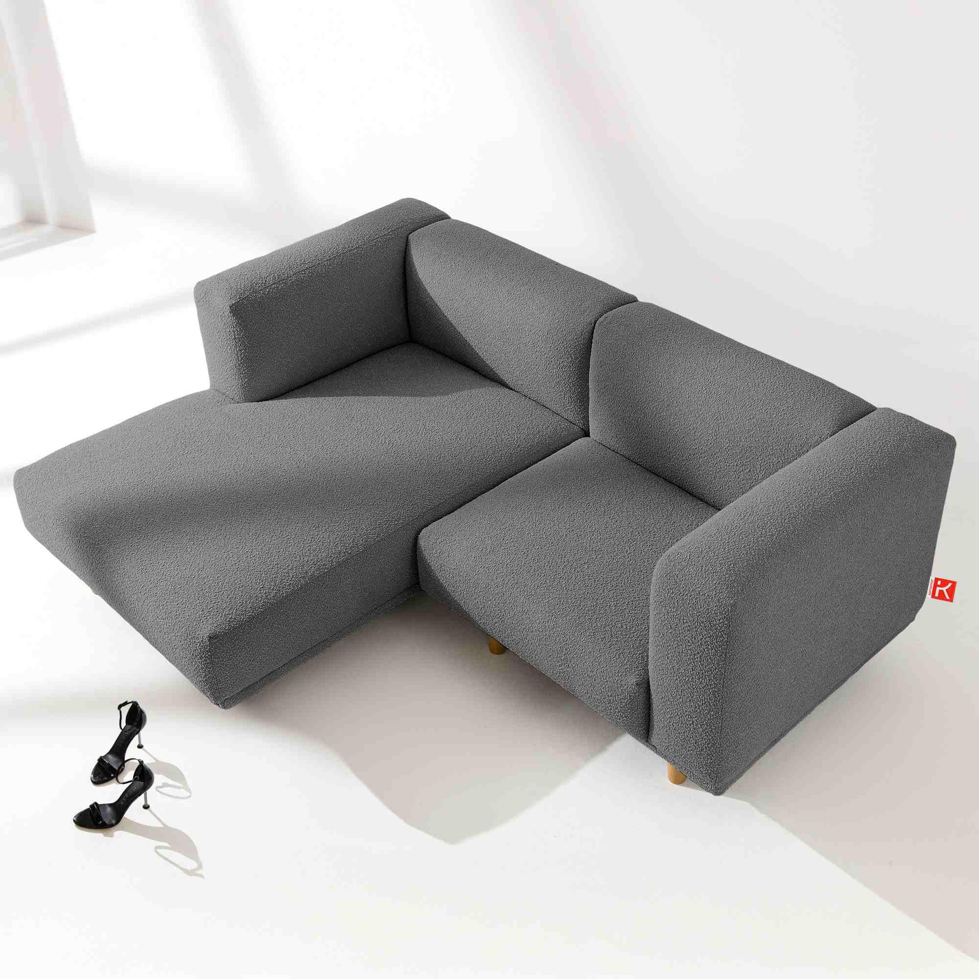 ECKSOFA-LINKS FOSERO, Bouclé - Dunkelgrau/Buchefarben, Holz/Holzwerkstoff (204/155cm) - KONSIMO®