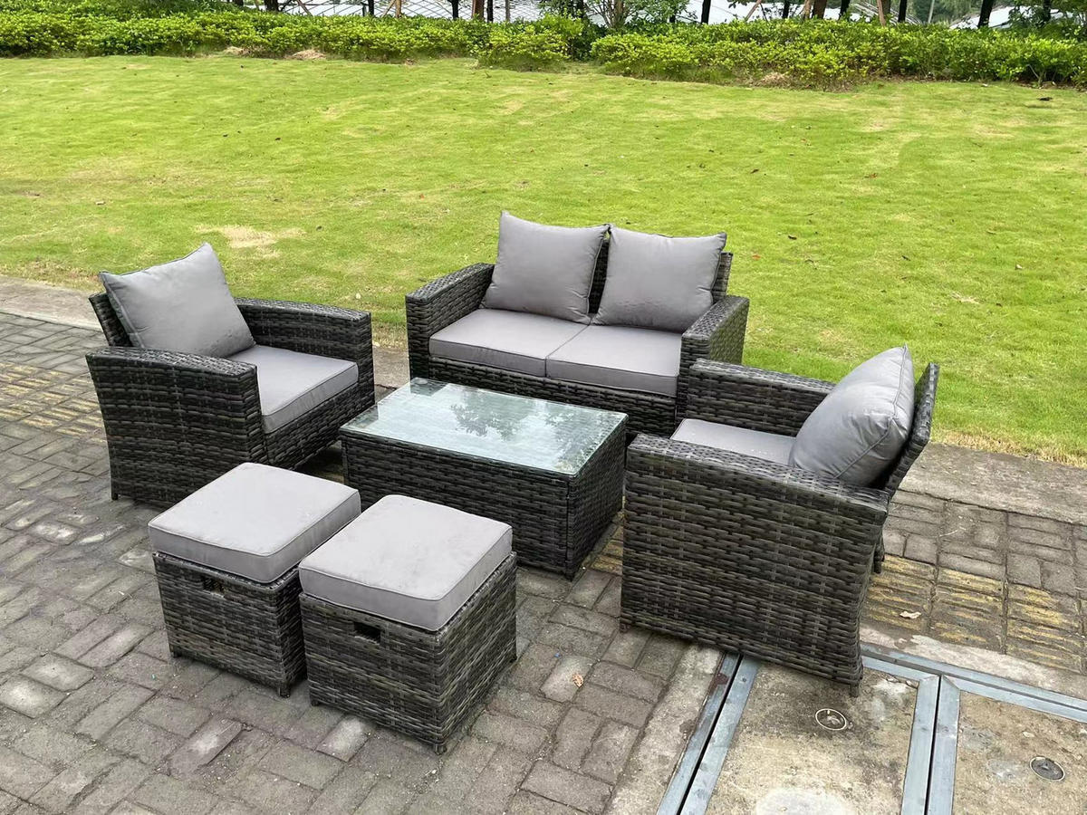 GARTENMÖBEL-SET Polyrattan Dunkelgrau 6-Sitzer - Dunkelgrau, Metall - Fimous