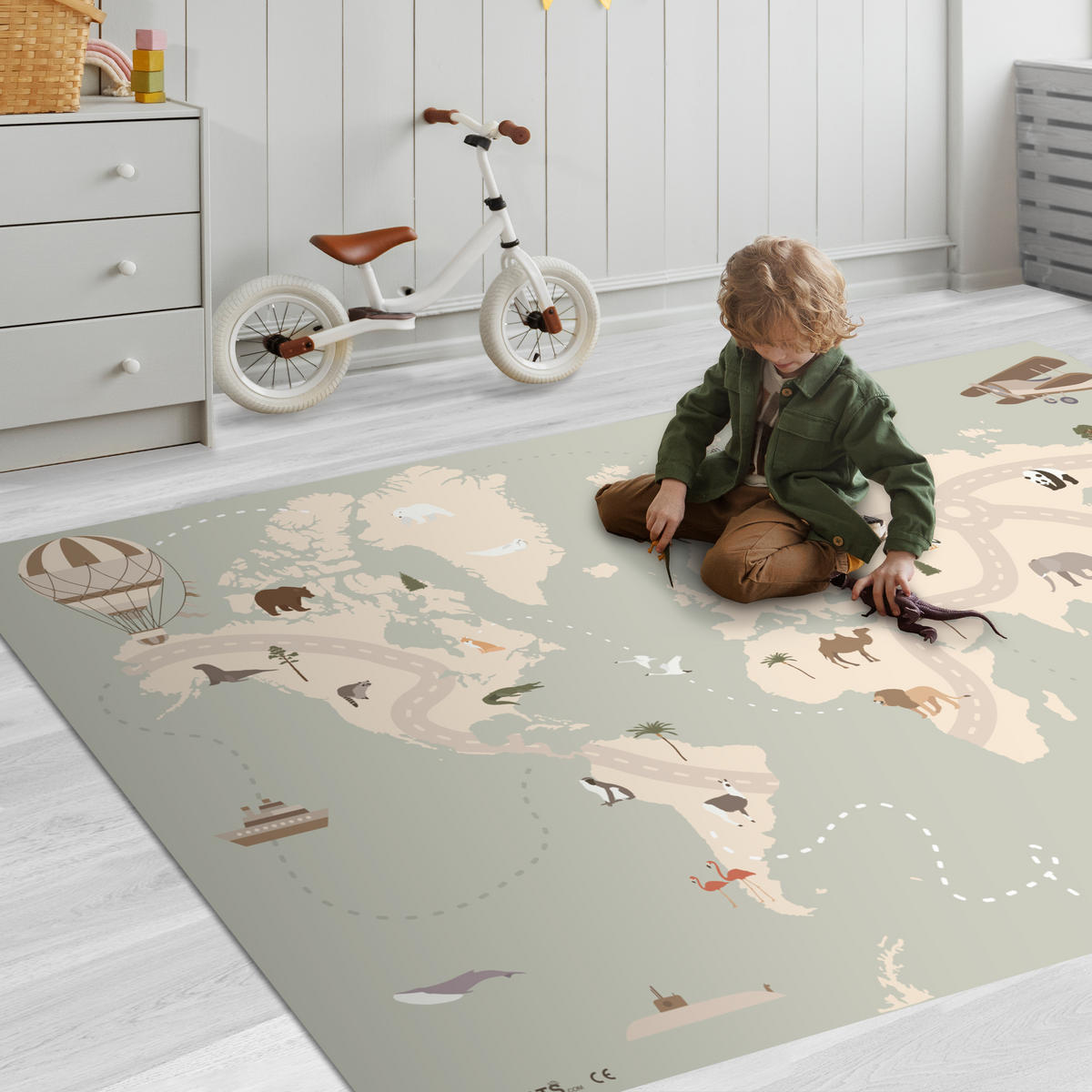 KINDERTEPPICH Weltkarte - Tiere - Flugzeug - Kind - Heißluftballon 180x120 cm - Multicolor, Kunststoff (180/120cm) - MuchoWow