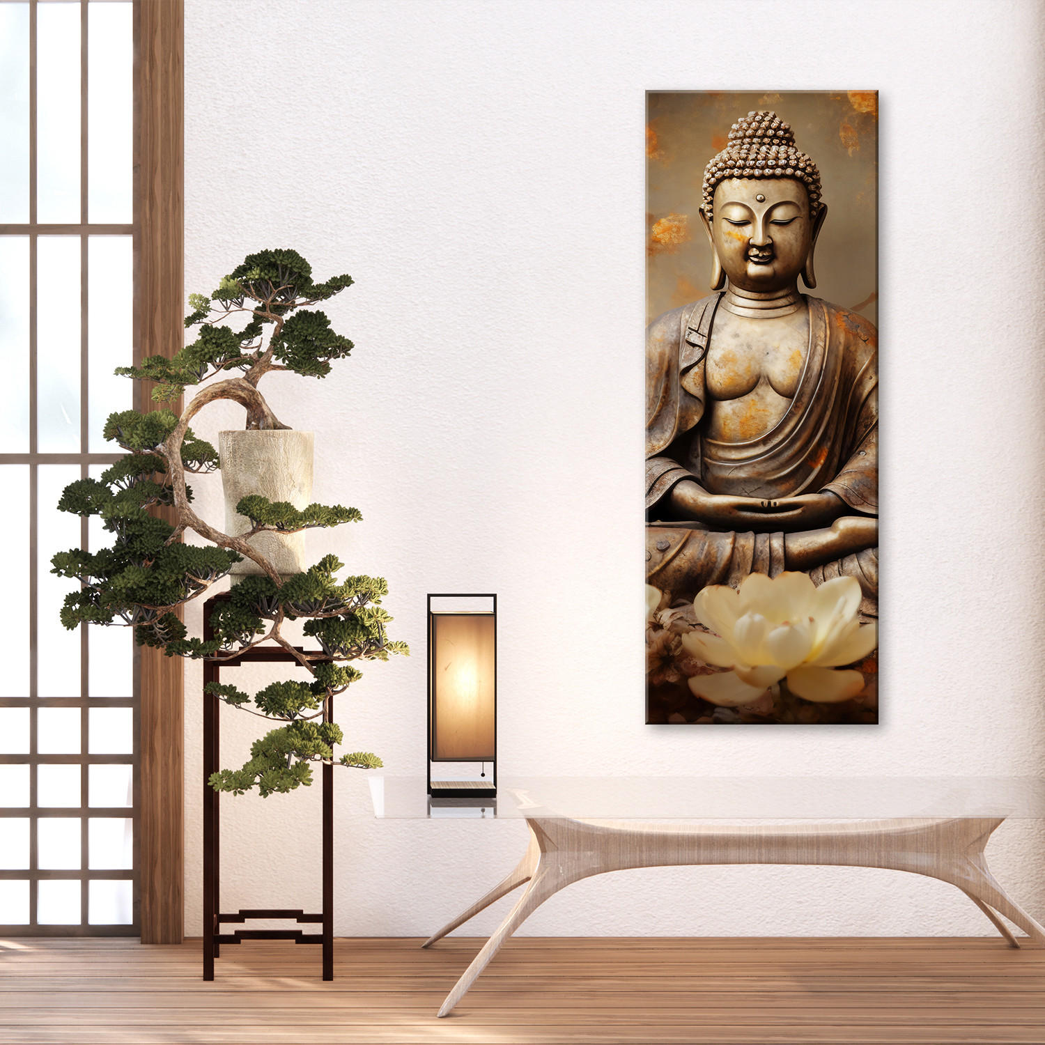 WANDBILD buddha mit zen blumen - Braun, Textil (30/90cm) - Feeby