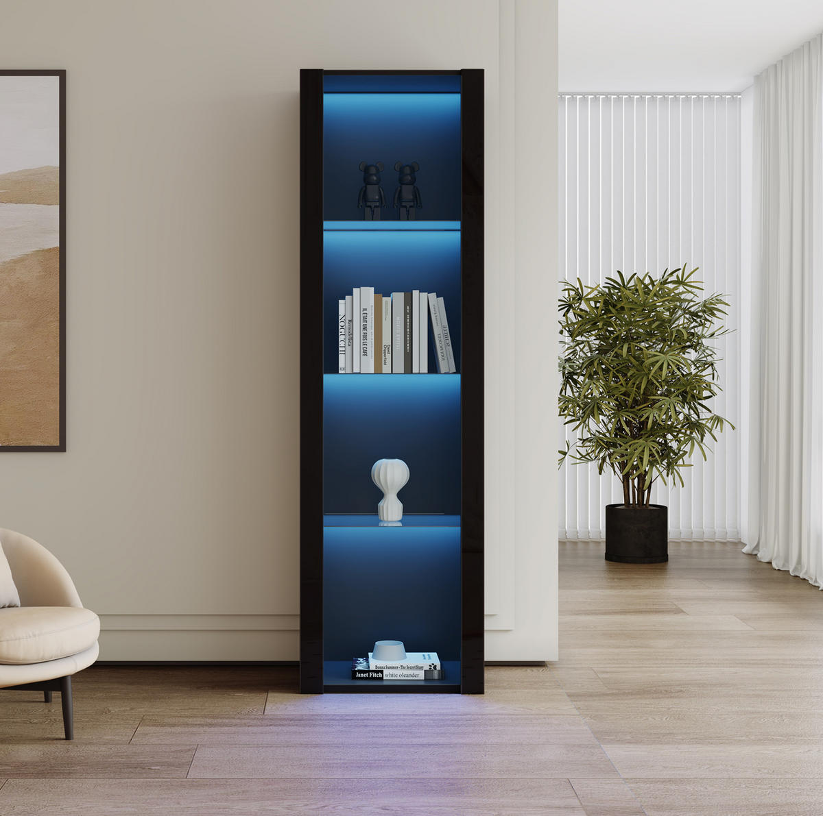 VITRINE 55/38/166 cm Schwarz aus Spanplatte mit LED-Beleuchtung - Schwarz, Holzwerkstoff (38/166/55cm) - OKMYHOME