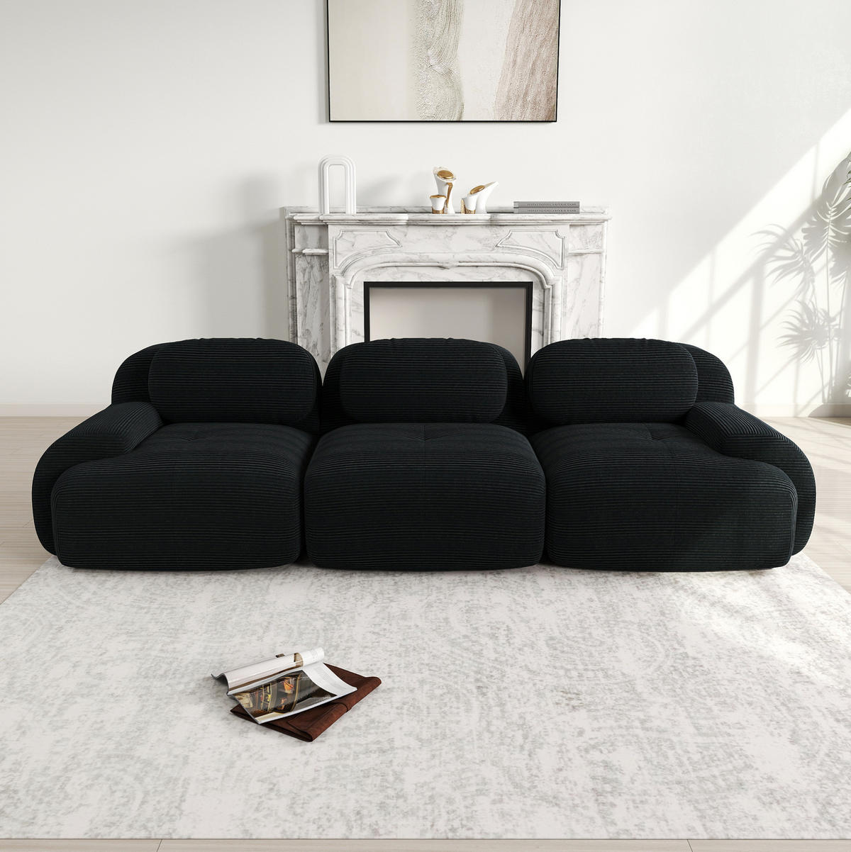 SOFA 298/103/70 cm in Schwarz aus Cord mit rutschfester Unterseite - Schwarz, Textil (103/70/298cm) - Flora Grace