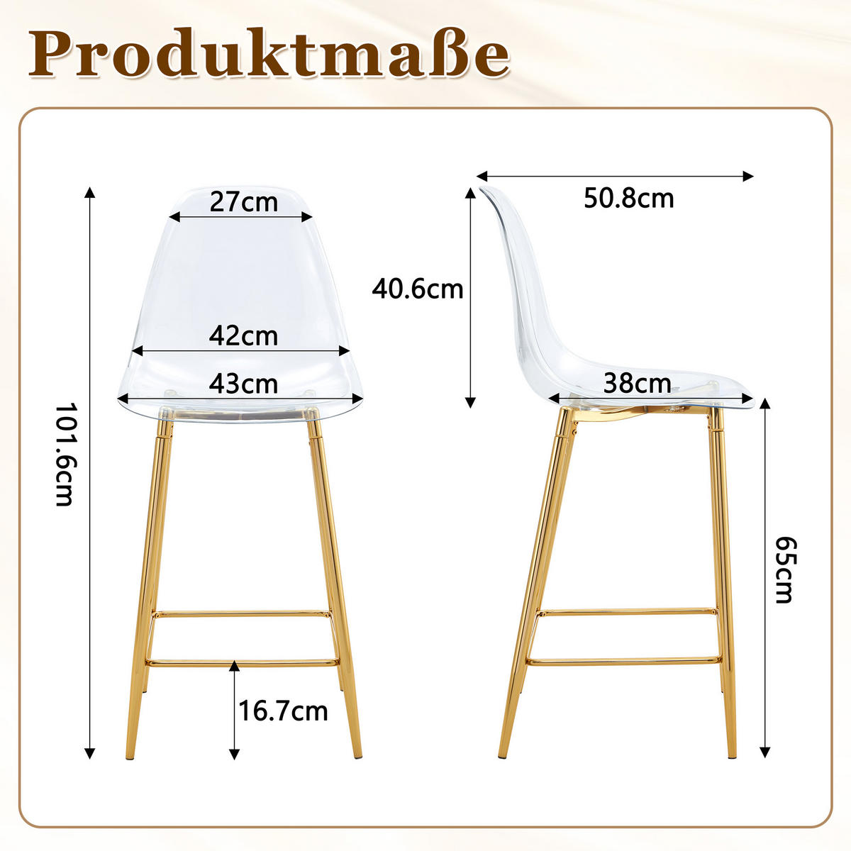 BARHOCKER DE-36582 4er Set mit transparenter Sitzschale Gold - Goldfarben, Kunststoff (45/102/51cm) - ComfortXL
