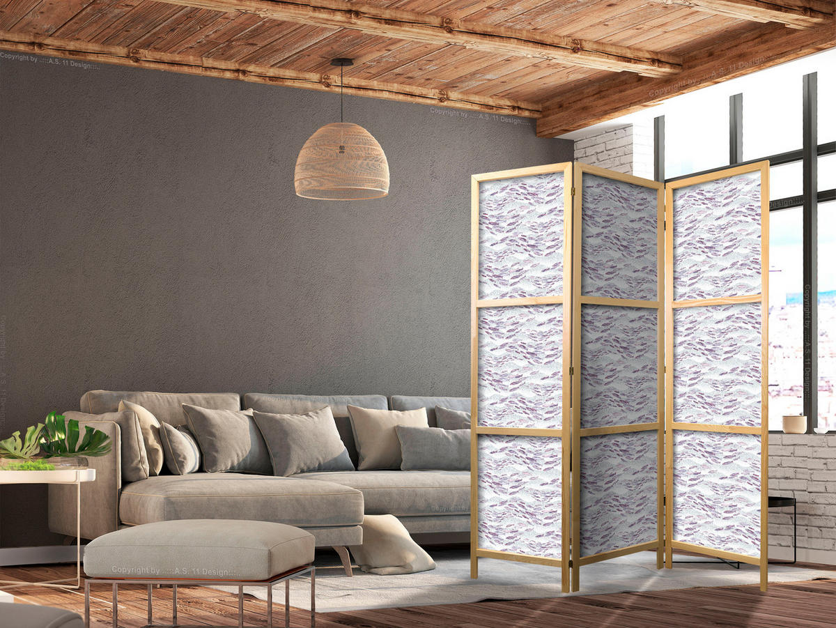 PARAVENT Japanischer 3-tlg 135x172 cm Violette Fische - Lila, Holz/Textil (135/172/3cm) - Muralo