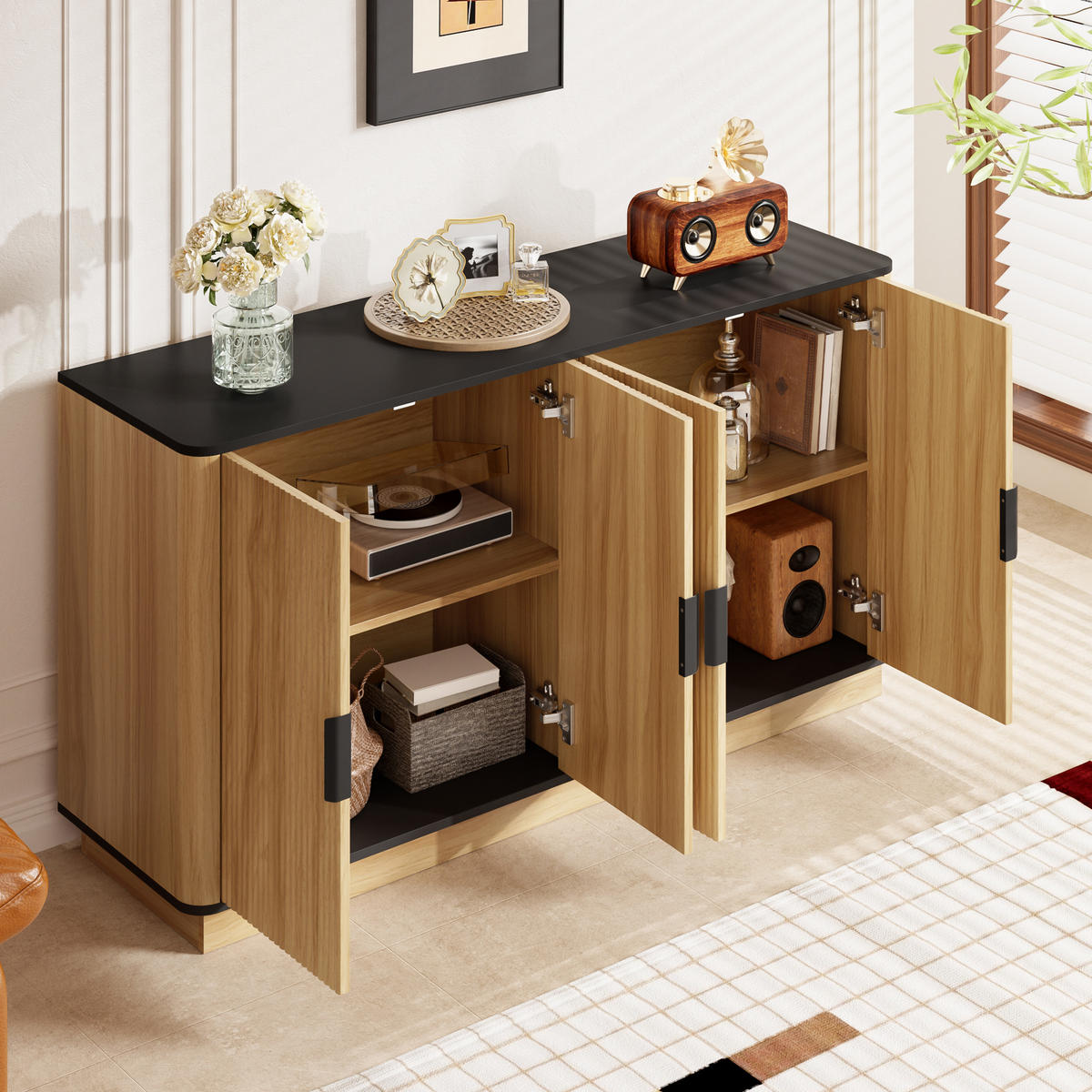 SIDEBOARD 4 Türen Riffelung Holzoptik Stauraum modern - Naturfarben, Holzwerkstoff (40/75/139cm) - FLIEKS
