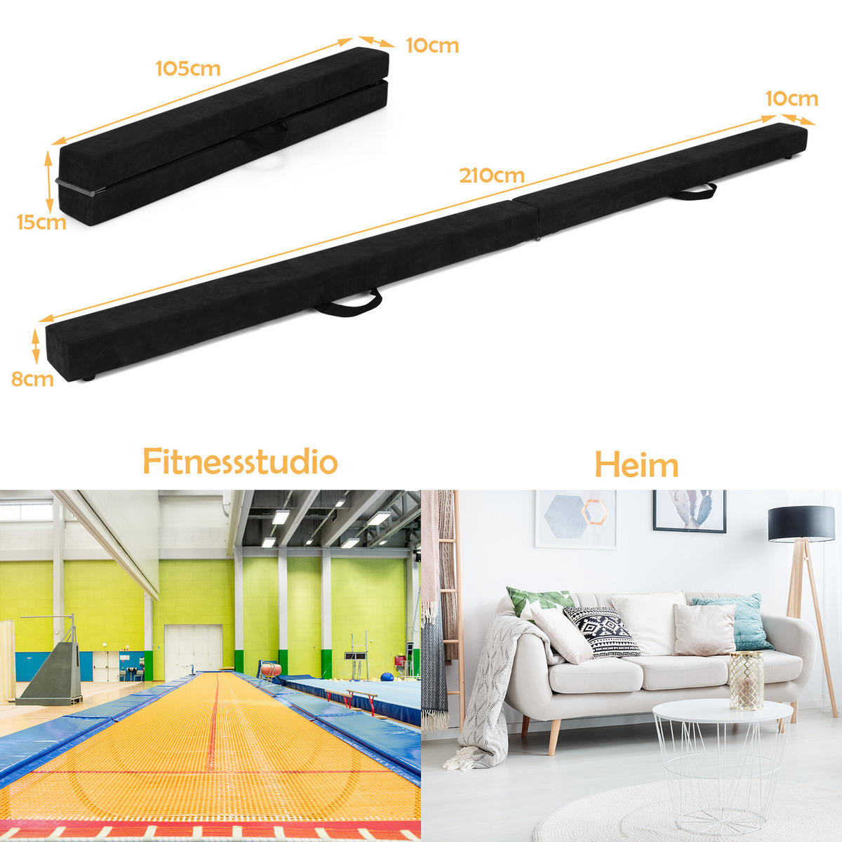 GYMNASTIKBALKEN klappbarer 210 cm Schwarz - Schwarz, Holz (10/210cm) - COSTWAY