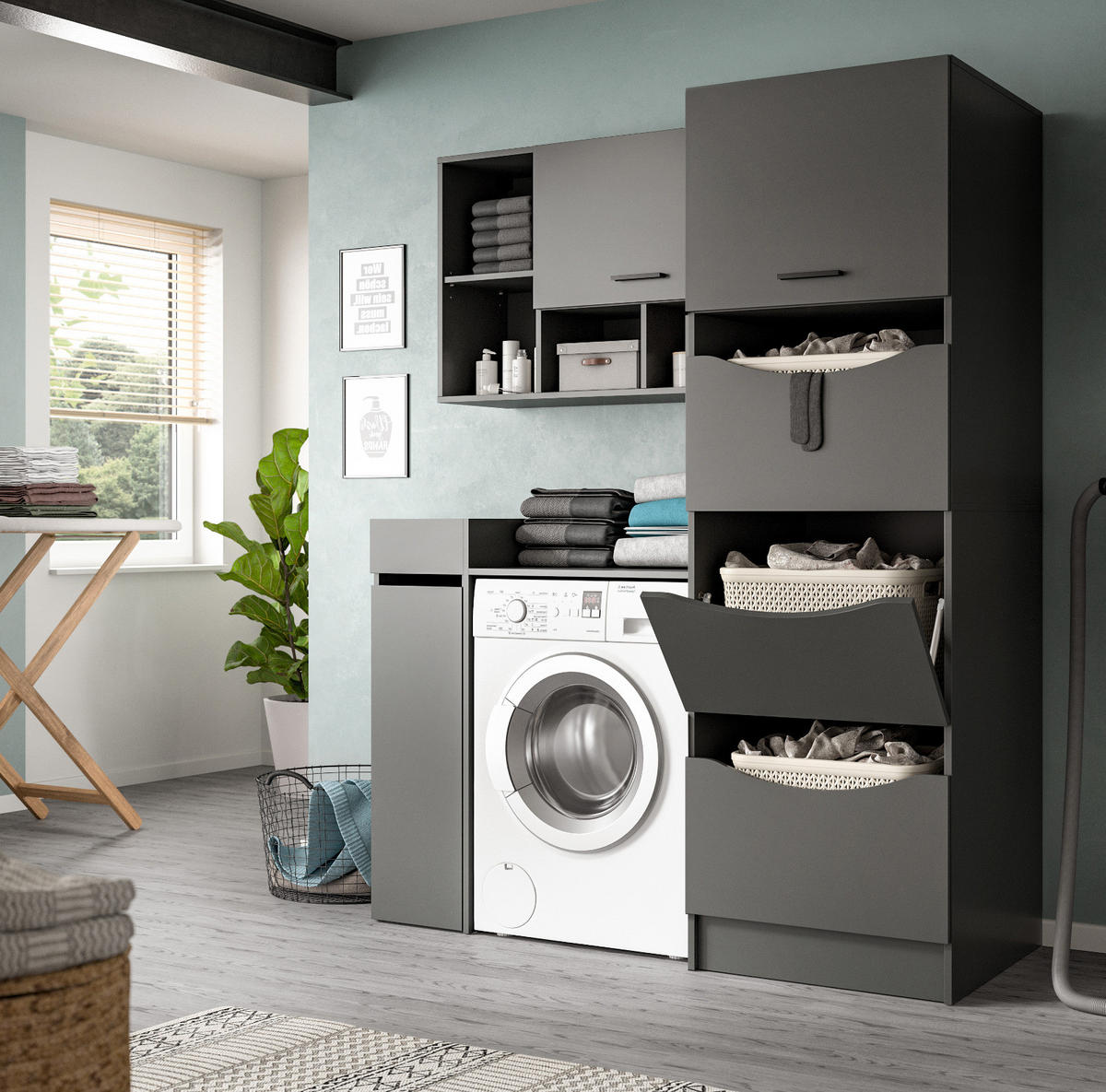 WASCHMASCHINENSCHRANK grau Set 4-teilig 155 x 196 cm, modernes Design - Schwarz/Grau, Holzwerkstoff/Kunststoff (155/196/68cm) - Inn.Furn