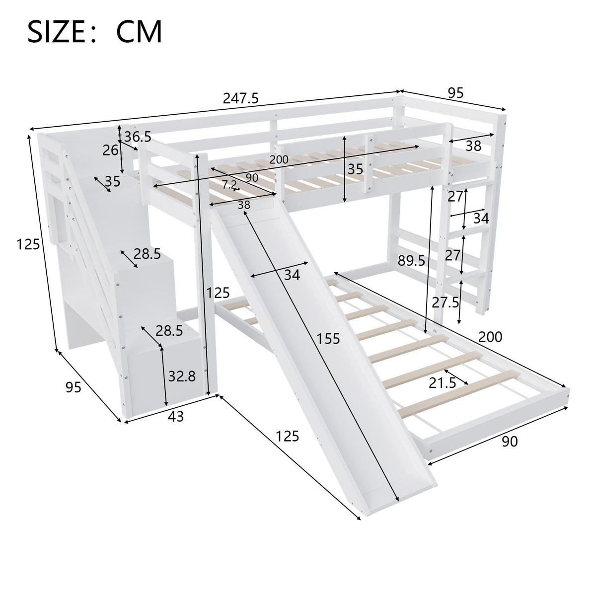 ETAGENBETT 90x200cm Treppe und Rutsche, Weiß - Weiß, Holz (90/200cm)