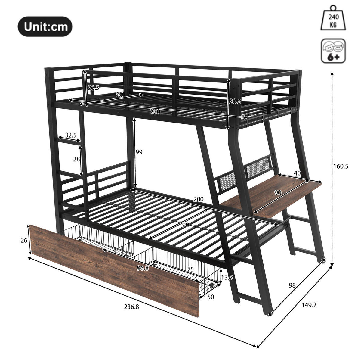 HOCHBETT 90/200 cm Schwarz mit LED, Schubladen, Schreibtisch, ohne Matratze - Schwarz, Metall (90/200cm) - MIVRAY