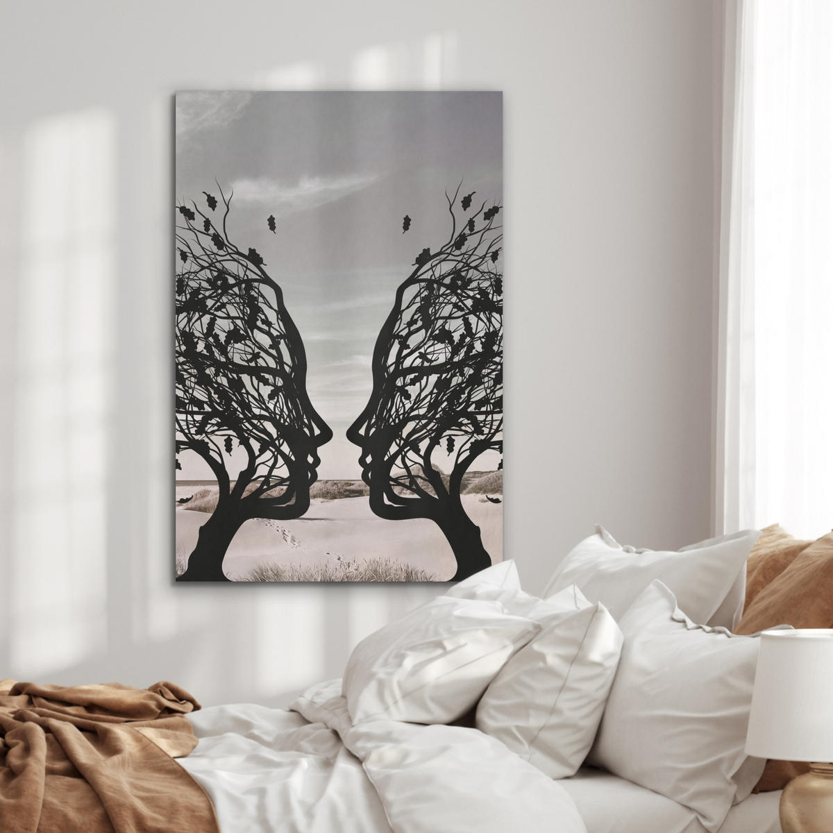 AKUSTIKBILD Strand - Meer - Menschen - Baum - Moderne Kunst Wanddeko 60x90 cm - Hellgrau, Kunststoff (60/90/0.9cm) - MuchoWow