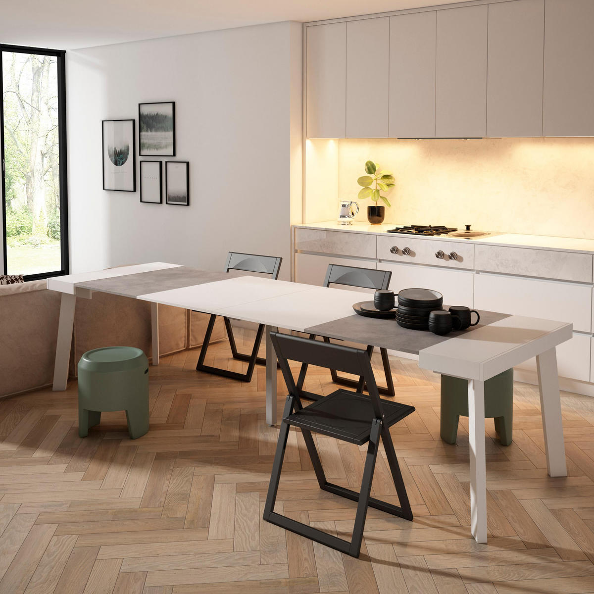 KONSOLENTISCH ausziehbar 58 bis 302cm, für 14 Gäste, weiß zementgrau, 90/58/73cm - Weiß/Grau, Holzwerkstoff (90/302/73cm) - Skraut Home