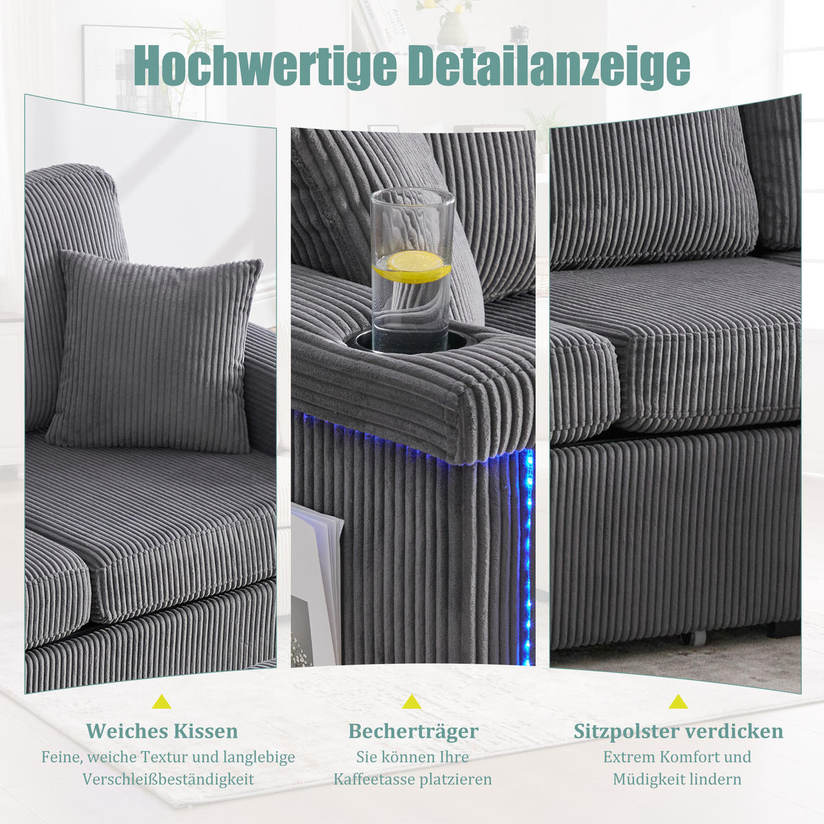 SOFA Corduroy mit LED und USB-Anschluss Stauraum 194/73/81 cm Dunkelgrau - Dunkelgrau, Textil (73/194cm) - Redom