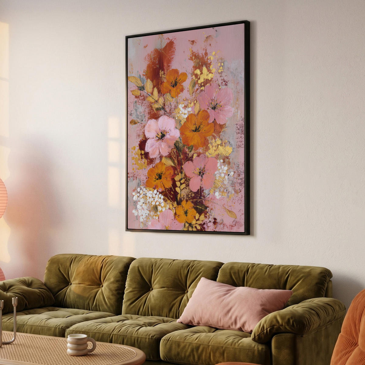 LEINWAND Bilder mit Rahmen - Malerei - Blumen - Rustikal - Rosa - 90x140 - Altrosa, Textil (90/140cm) - MuchoWow
