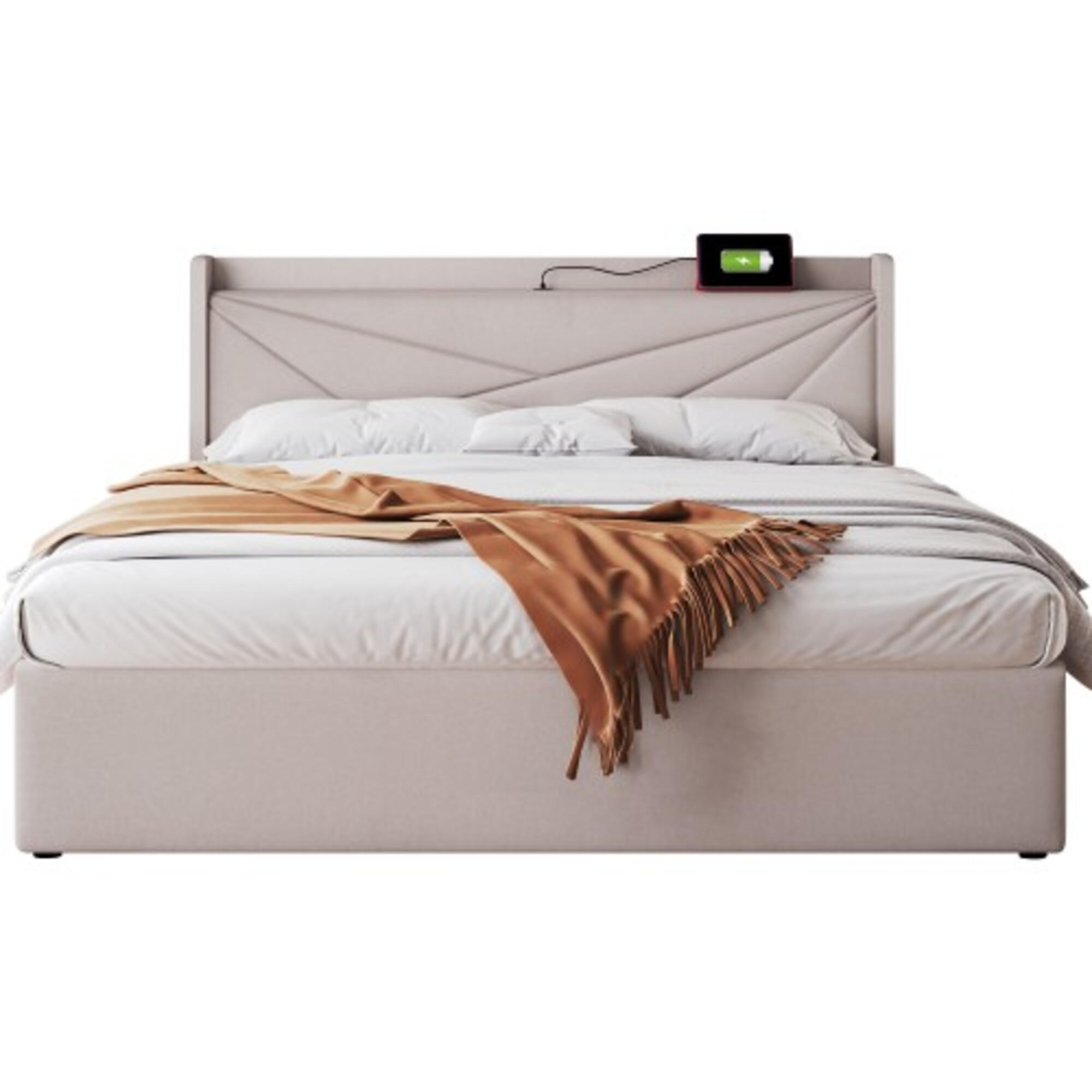 POLSTERBETT 140x200 Leinen USB Stauraum Matratze - Beige, Naturmaterialen (140/200cm) - FLIEKS