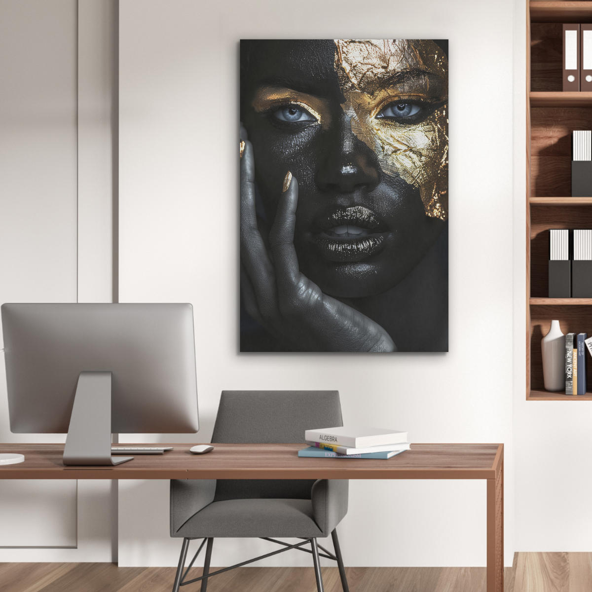 AKUSTIKBILD Frau - Gold - Porträt - Schwarz-Weiß - Luxus Wanddeko 60x90 cm - Hellblau, Kunststoff (60/90/0.9cm) - MuchoWow
