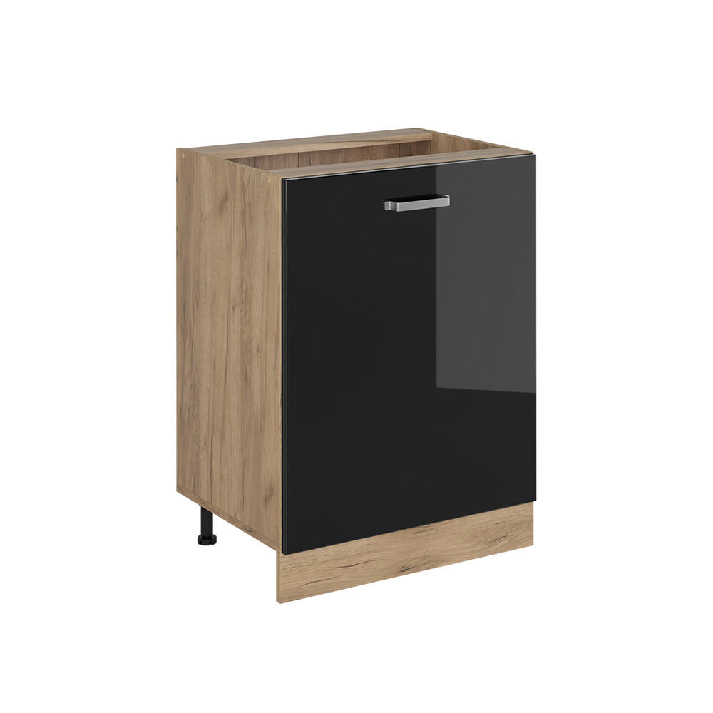 KÜCHENUNTERSCHRANK R-Line, Schwarz Hochglanz/Goldkraft Eiche, 60 cm mit 1 Tür ohne Arbeitsplatte - Schwarz Hochglanz/Eichefarben, Holzwerkstoff (60/81.6/46cm) - Vicco
