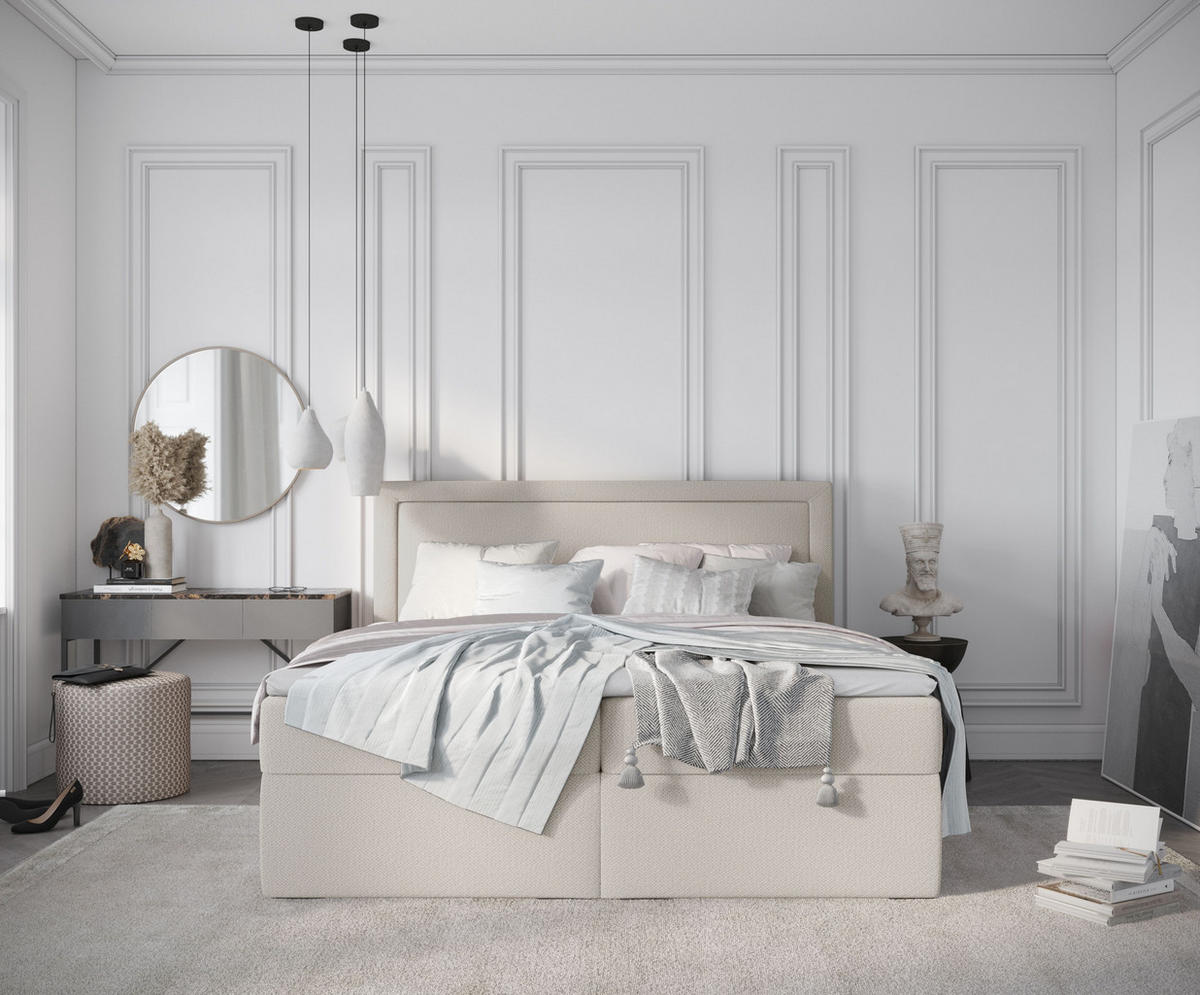 BOXBETT Tribeca Beige 200/200 cm mit Bonellmatratze und Topper - Beige/Schwarz, Holz/Holzwerkstoff (200/200cm) - Maison de Reve