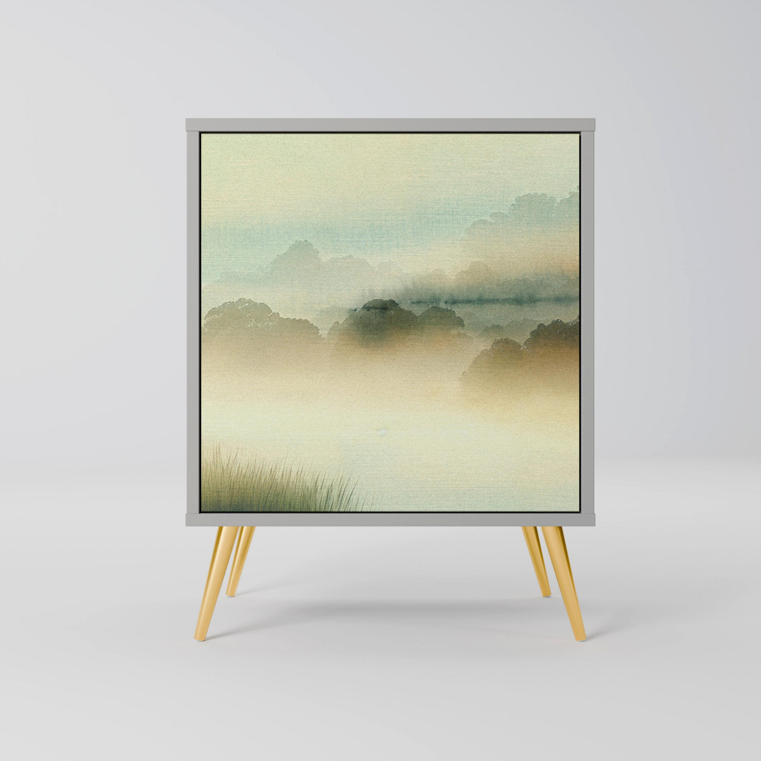 SIDEBOARD MORNING BY THE LAKE, Grau, 57,5x42x75,5 cm, Goldfarbene Metallfüße - Goldfarben/Multicolor, Holzwerkstoff/Metall (57.5/75.5/42cm) - SpaceRebels